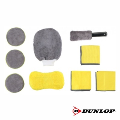 Conjunto de acessórios de limpeza Dunlop com esponjas e panos amarelos e cinzentos