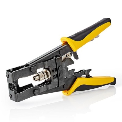 Alicate decapador preto e amarelo para cabos coaxiais