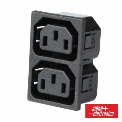 Adaptador preto duplo de tomada elétrica com logótipo alpha+ elettronica