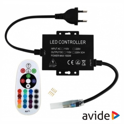 Controlador LED preto com ficha, comando remoto branco com botões coloridos e três pinos dourados, sobre fundo branco