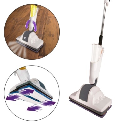Mopa elétrica branca e cinzenta para limpeza de pisos de madeira