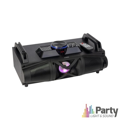 Coluna de som preta portátil com iluminação roxa e azul, controle remoto e suportes para dispositivos