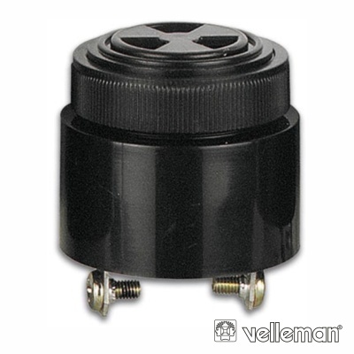 buzzer piezoelétrico preto com parafusos em fundo branco