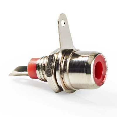 Conector RCA fêmea metálico prateado com detalhe vermelho