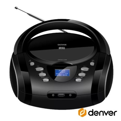 Aparelho de som compacto preto Denver com leitor de CD e rádio FM