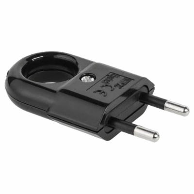 Plugue macho elétrico pequeno preto com duas pontas redondas e anel para remoção