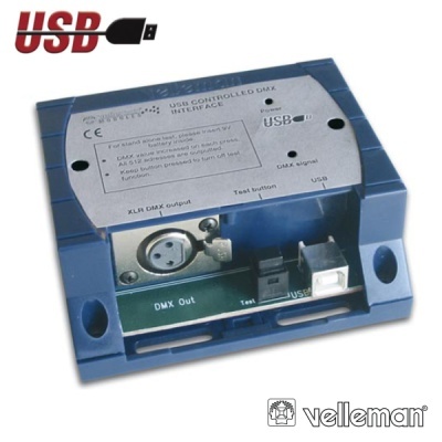 Interface USB controladora DMX azul e prateada da marca Velleman com conexão USB e XLR