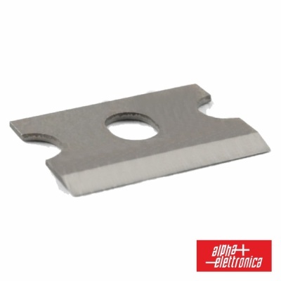 Lâmina metálica afiada com orifício central e logótipo alpha elettronica