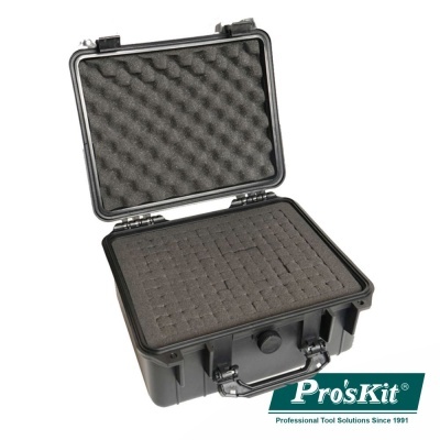 Mala preta Pro'sKit com espuma interna para ferramentas aberta.