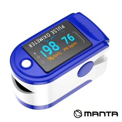 Oxímetro de pulso Manta com visor digital azul e branco