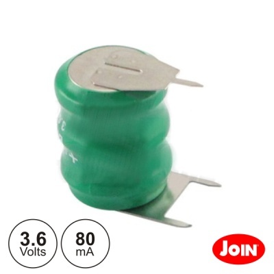 Bateria recarregável verde com texto 3.6 Volts e 80 mA e logotipo JOIN