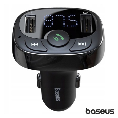 Transmissor FM Baseus preto com visor digital e portas USB
