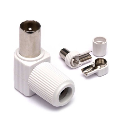 Adaptadores coaxiais brancos com partes metálicas desmontados em fundo branco