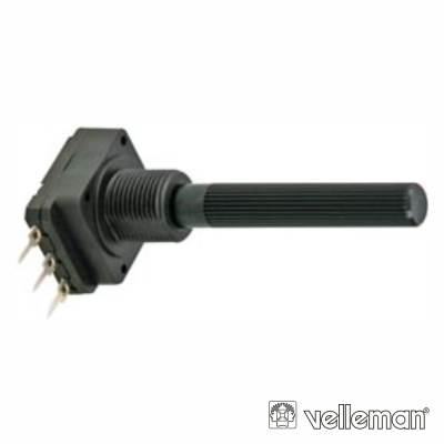 Potenciómetro rotativo preto com eixo longo e terminais metálicos