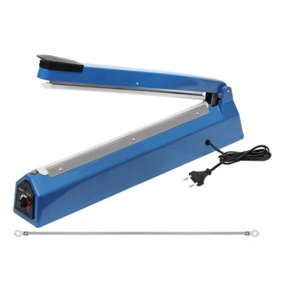 Máquina de selagem manual azul com cabo elétrico e barra metálica