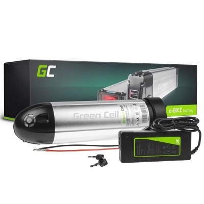 Bateria de e-bike prateada com carregador preto e chave, com embalagem preta e verde