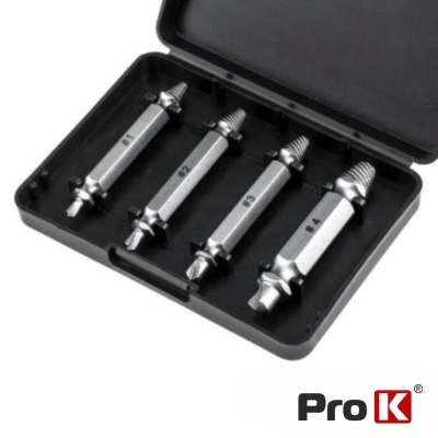 Kit de extração de parafusos metálicos com quatro tamanhos em estojo preto