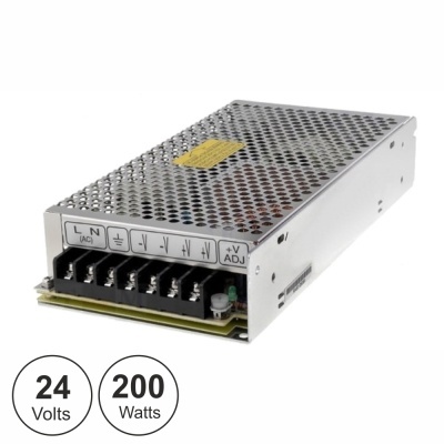 Transformador elétrico metálico perfurado com ligações elétricas e indicação 24 Volts 200 Watts