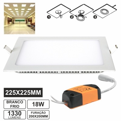 Painel LED quadrado branco frio 18W com driver e instruções de instalação