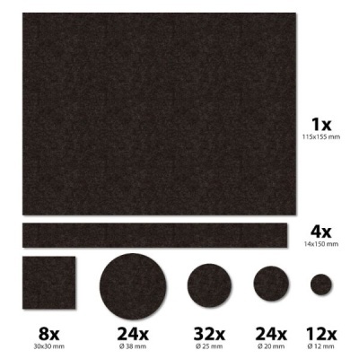 Formas de feltro preto recortadas com medidas e quantidades indicadas.