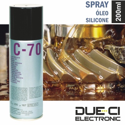 Spray óleo silicone C-70 em lata de 200ml com tampa preta ao lado de engrenagens lubrificadas