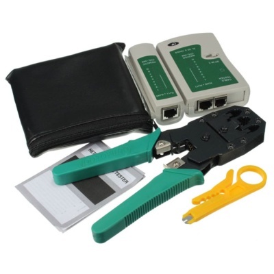 Kit de ferramentas para rede com crimpador, decapador, testador, manual e bolsa preta