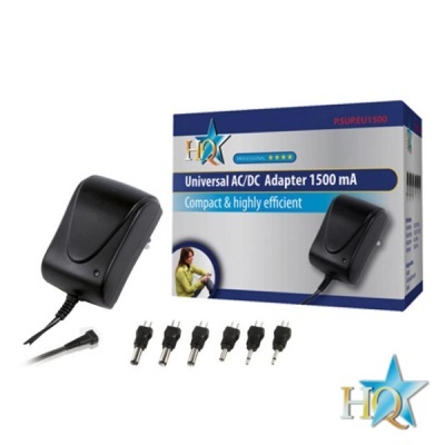 Adaptador Universal AC/DC 1500 mA preto com vários adaptadores e embalagem azul e branca HQX
