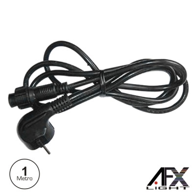 Cabo elétrico preto com ficha de três pinos e indicação de 1 metro, em fundo branco