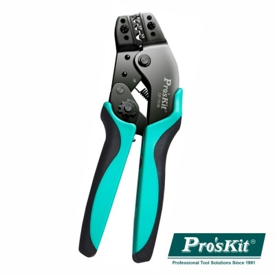 Alicate crimpeador com punhos verde e preto e corpo metálico preto, marca Pro'sKit