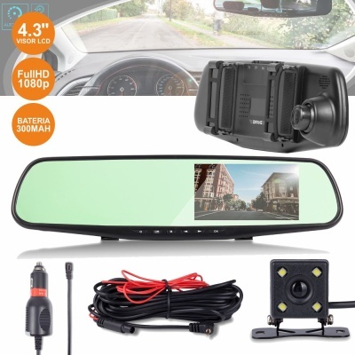 Espelho retrovisor com visor LCD para carro, câmera traseira e acessórios.
