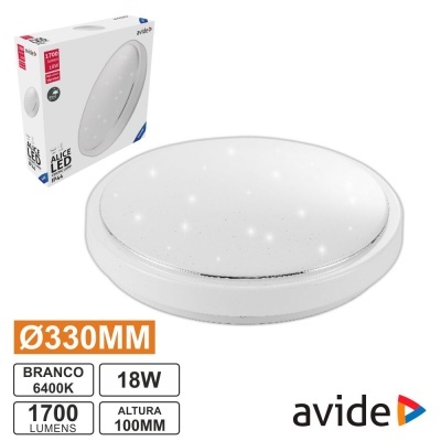 Luminária de teto redonda branca com embalagem e especificações