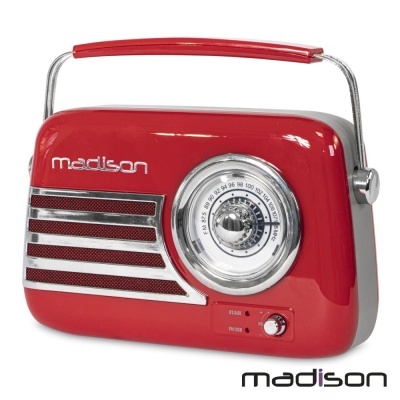 Rádio portátil vermelho Madison com detalhes metálicos e botão giratório