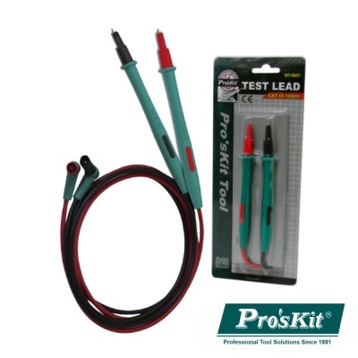 Pontas de prova para multímetro Pro'sKit com cabo vermelho e preto e punho verde, embalagem original.