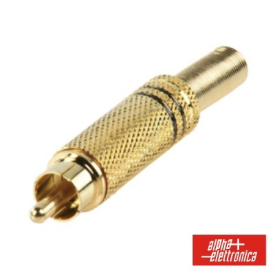 Conector RCA dourado com textura cruzada e logotipo alpha elettronica