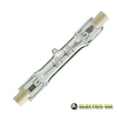 Lâmpada halogénea tubular transparente com filamentos e extremidades brancas