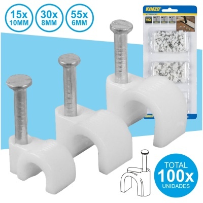 Abraçadeiras de cabo brancas com pregos de metal em embalagem KINZO 100 unidades