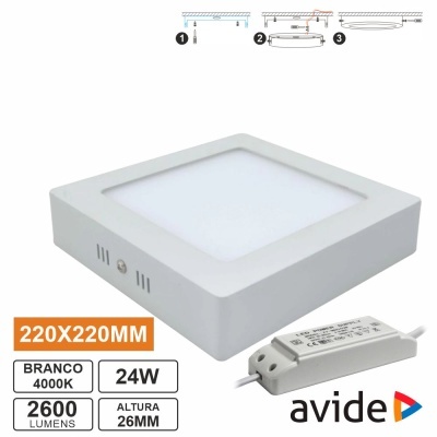 Luz de teto quadrada LED branca Avide 24W 220x220mm