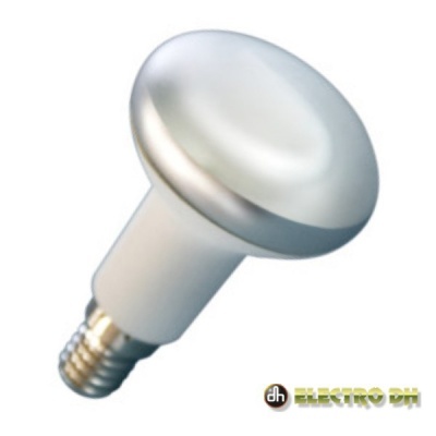 Lâmpada refletora R50 com base metálica e corpo branco.