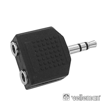 Adaptador áudio preto com conector 3,5 mm e duas entradas