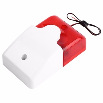 Dispositivo de alarme branco com cobertura vermelha e cabo preto