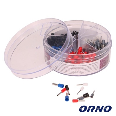 Conjunto de terminais de cabo elétrico coloridos em caixa plástica redonda com tampa