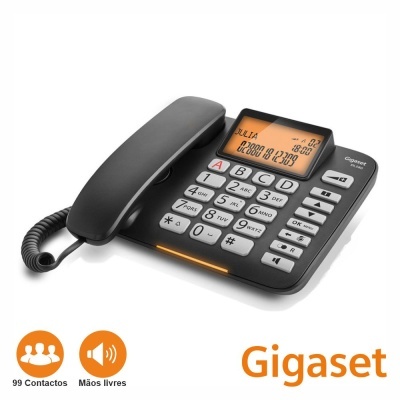 Telefone fixo Gigaset preto com ecrã digital laranja e teclado numérico