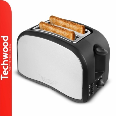 Torradeira Techwood em aço inoxidável e preto com duas fatias de pão