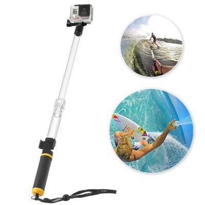 Selfie stick extensível com pega preta e amarela para câmara tipo GoPro