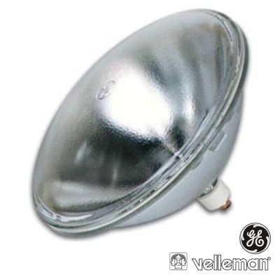 Lâmpada refletora parabolóide de vidro prateado com base branca e logotipos GE e Velleman