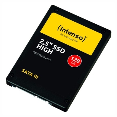 SSD Intenso 2,5 polegadas 120 GB preto com etiqueta amarela e vermelha