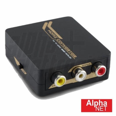 Conversor HDMI preto com conectores RCA coloridos e texto HDMI CONVERTER