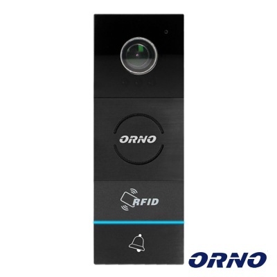 Campainha vídeo doorbell preta com lente, altifalante, símbolo RFID e ícone de campainha