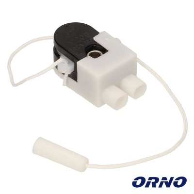 Interruptor de corda para persiana branco e preto com cordão branco e logo ORNO azul