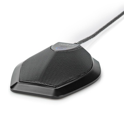 Microfone preto com base triangular e cabo revestido